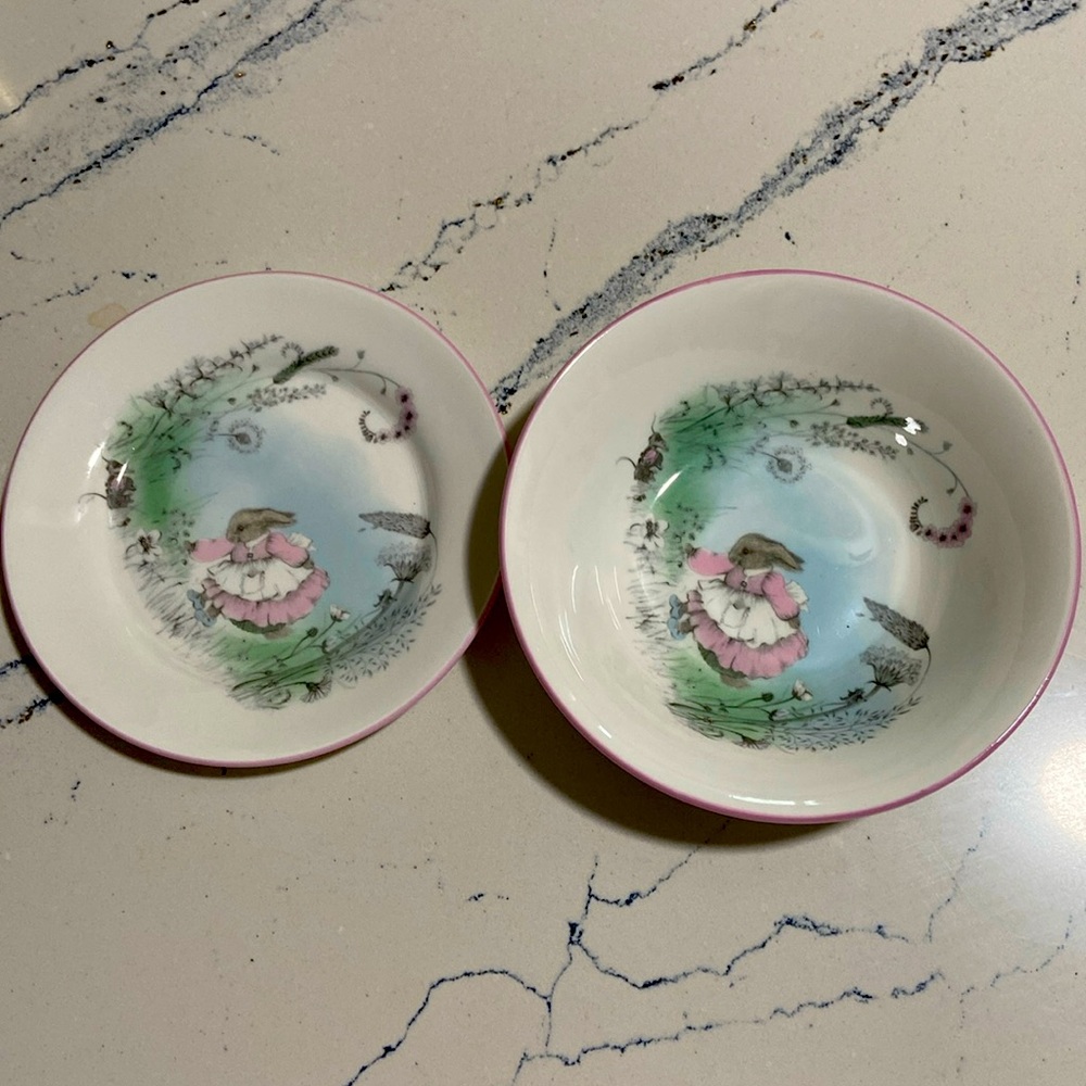 Vintage Elizabethan hand decorated Mrs Rabbit bowl and plate